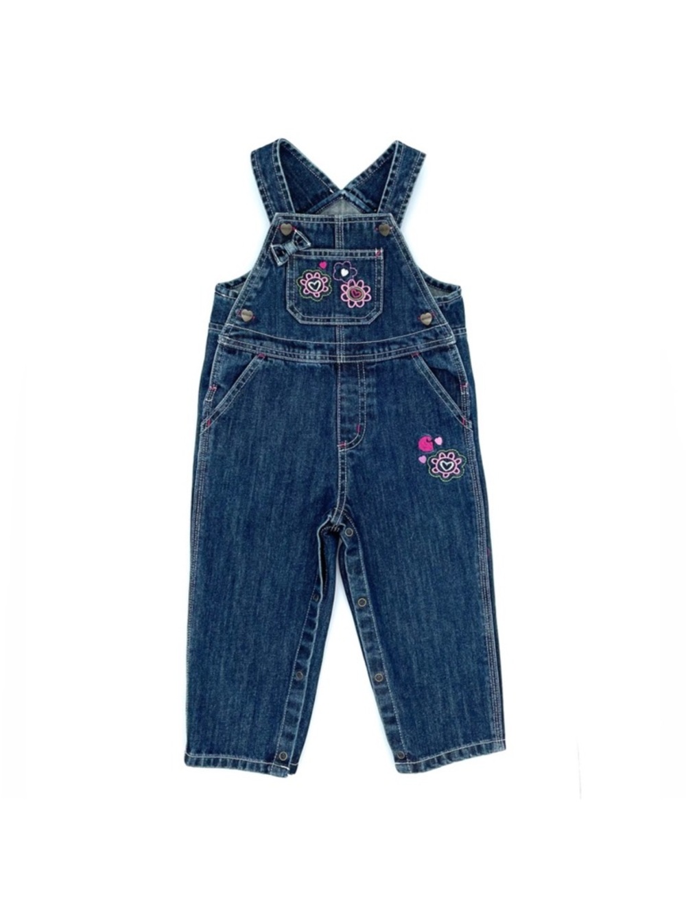 Carhartt Dark Blue Denim Kids Overalls with Embroidered Pink Flower 18 months
